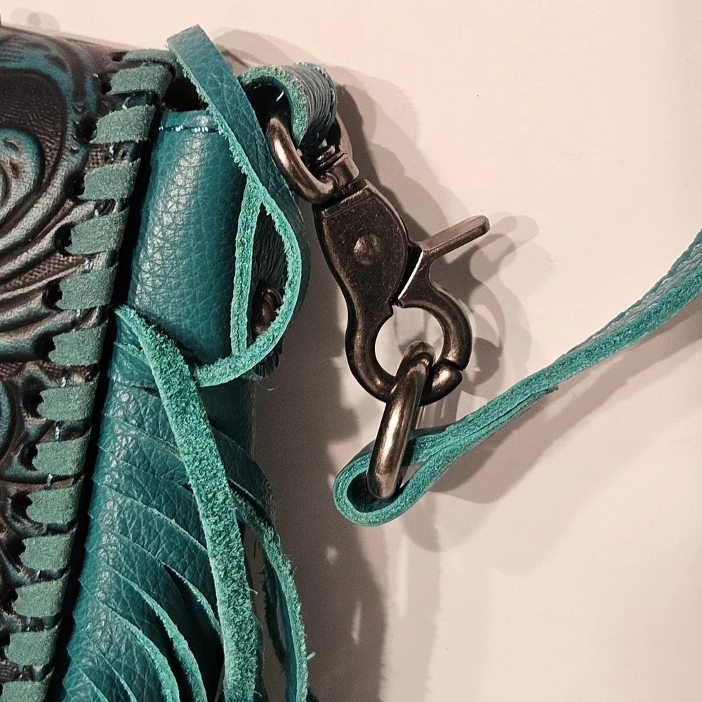 Montana West Crossbody Bag Small Teal Tooled Leather Cowhide Fringe Western